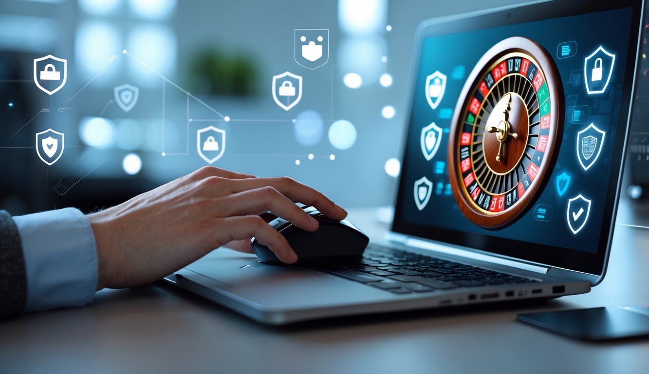 Tangan seseorang menggunakan laptop yang menampilkan roda roulette online dengan ikon keamanan digital di sekitarnya.
