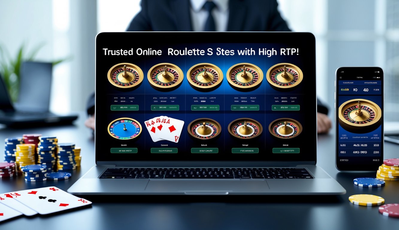 Seorang profesional menggunakan laptop dengan tampilan beberapa roda roulette digital dan chip poker di meja, menggambarkan perbandingan situs roulette online terpercaya.
