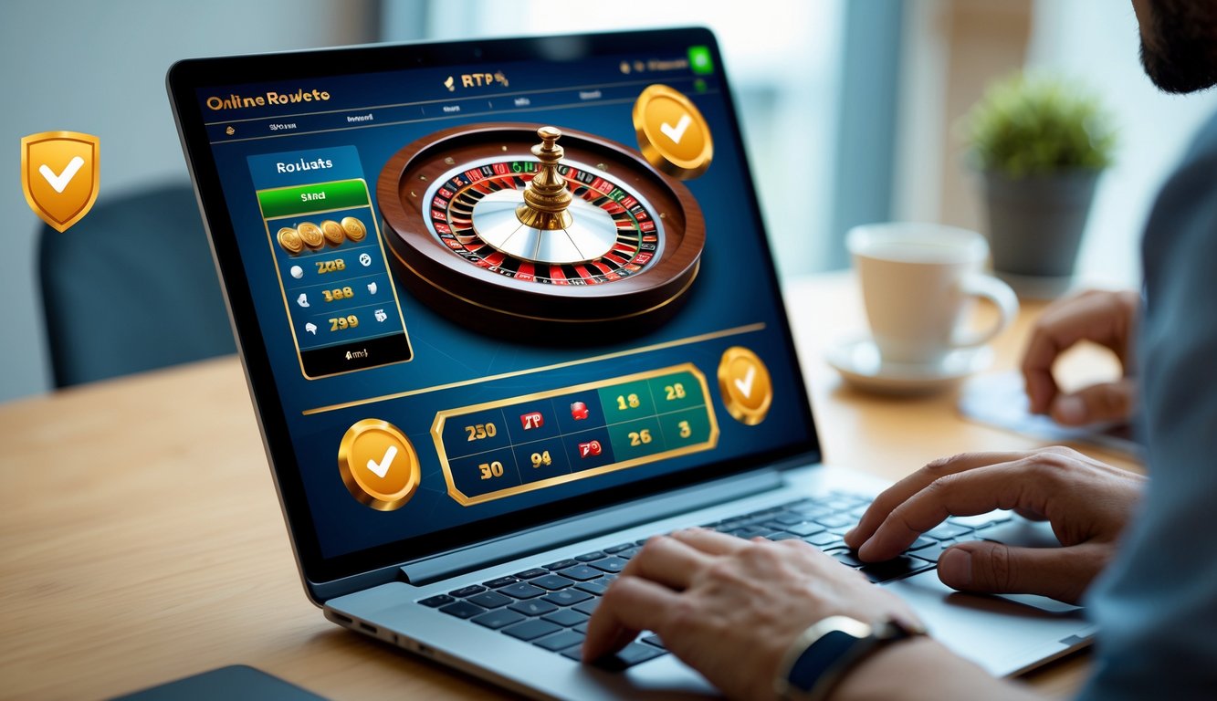 Seseorang menggunakan komputer dengan tampilan permainan roulette online yang menunjukkan roda roulette dan opsi taruhan.