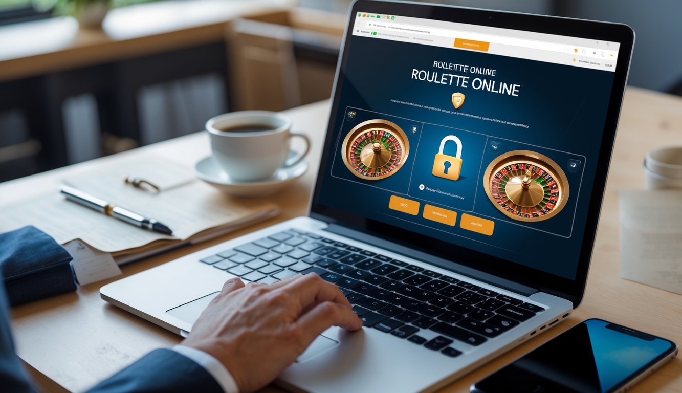 Seseorang sedang menggunakan laptop untuk memeriksa situs roulette online dengan ikon keamanan terlihat di layar.