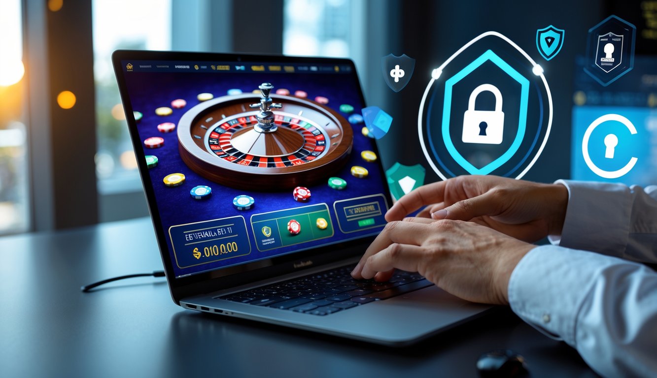 Seseorang menggunakan laptop dengan permainan roulette online yang terlihat di layar, di meja kerja yang rapi dan terang.