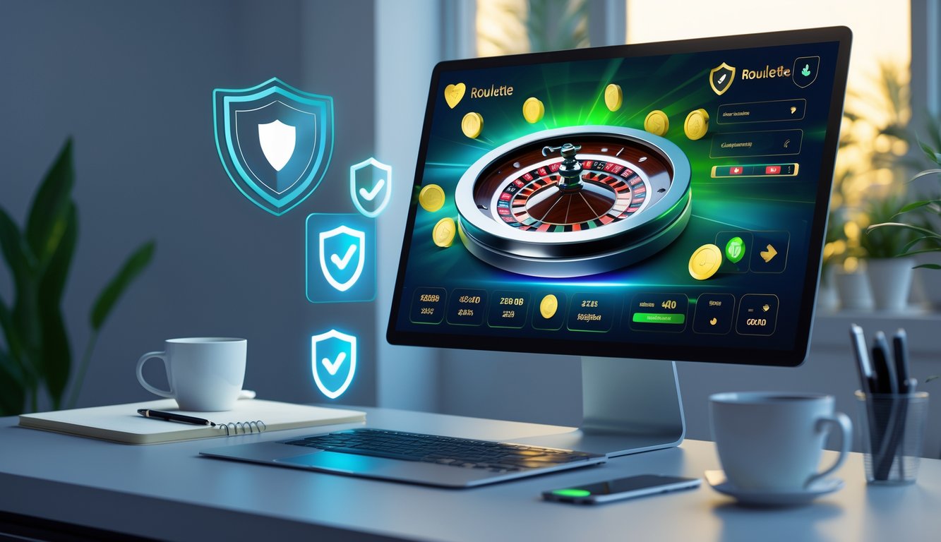 Seorang pengguna sedang bermain roulette online di komputer dengan latar ruang kerja yang rapi dan elemen simbol keamanan di sekitar layar.