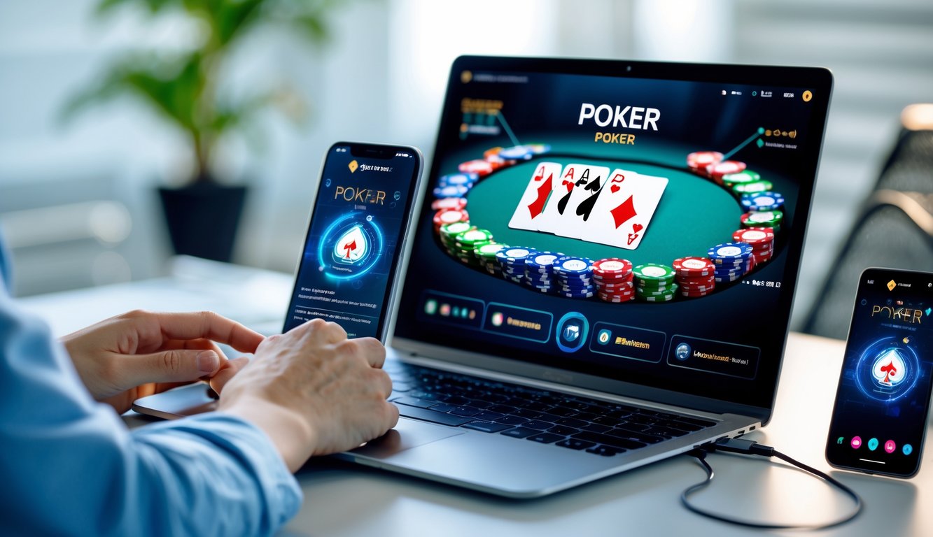 Seseorang menggunakan laptop dan ponsel untuk bermain poker online di ruang kerja yang rapi dan modern.