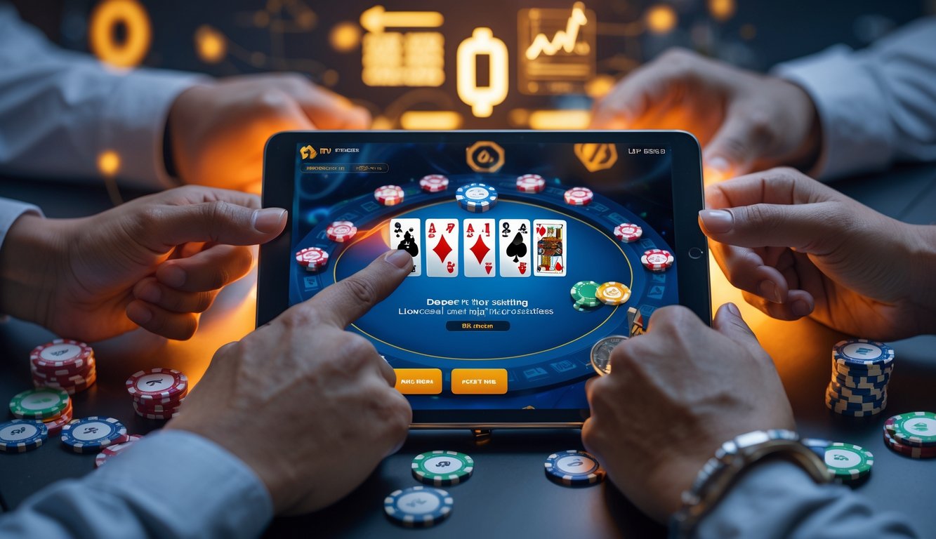 Beberapa orang bermain poker online dengan perangkat digital di meja, menunjukkan suasana permainan yang seru dan terpercaya.