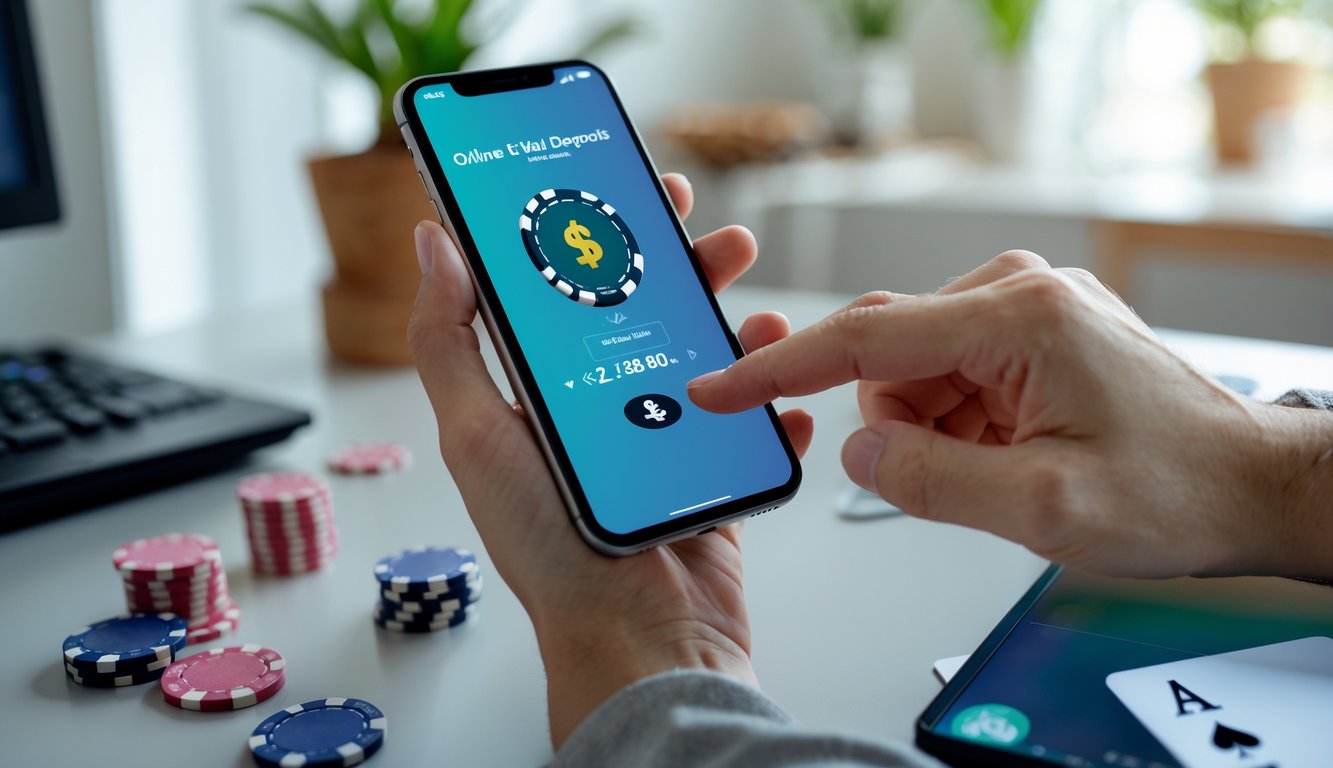 Seseorang memegang ponsel dengan aplikasi e-wallet terbuka, di latar belakang terdapat kartu dan chip poker di atas meja.