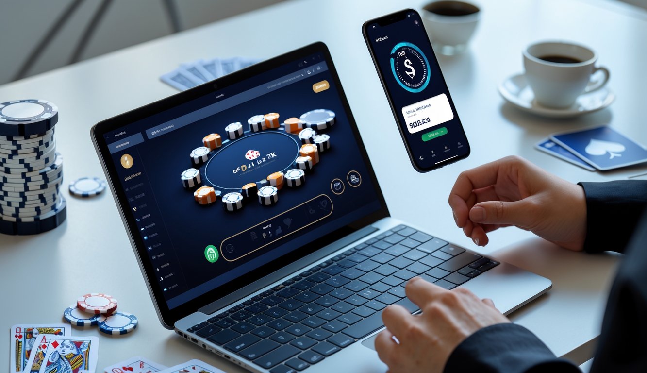 Seseorang bermain poker online menggunakan laptop dan smartphone dengan aplikasi e-wallet di meja kerja yang rapi.