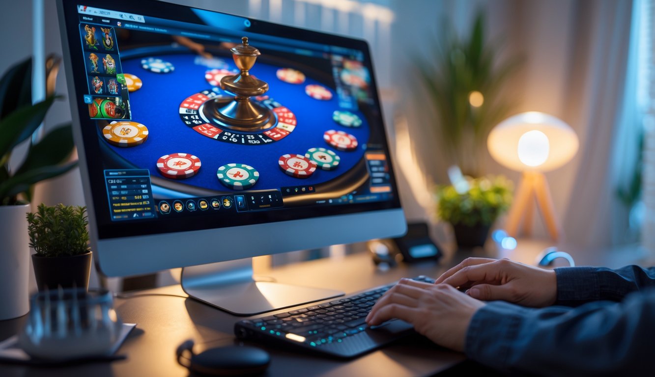 Seseorang sedang bermain poker online di depan komputer dengan tumpukan chip poker dan kartu bermain terlihat di layar.