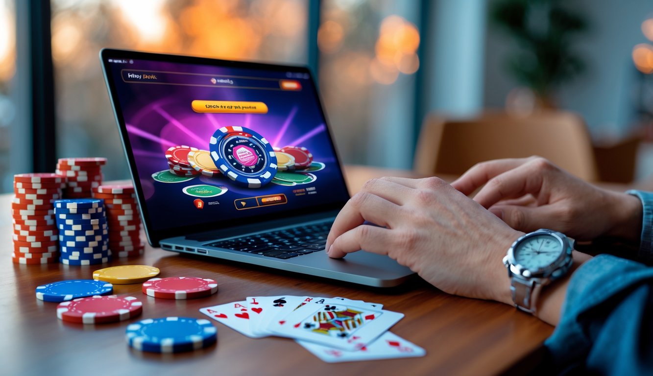 Tangan seseorang bermain poker online di laptop dengan chip dan kartu poker di meja