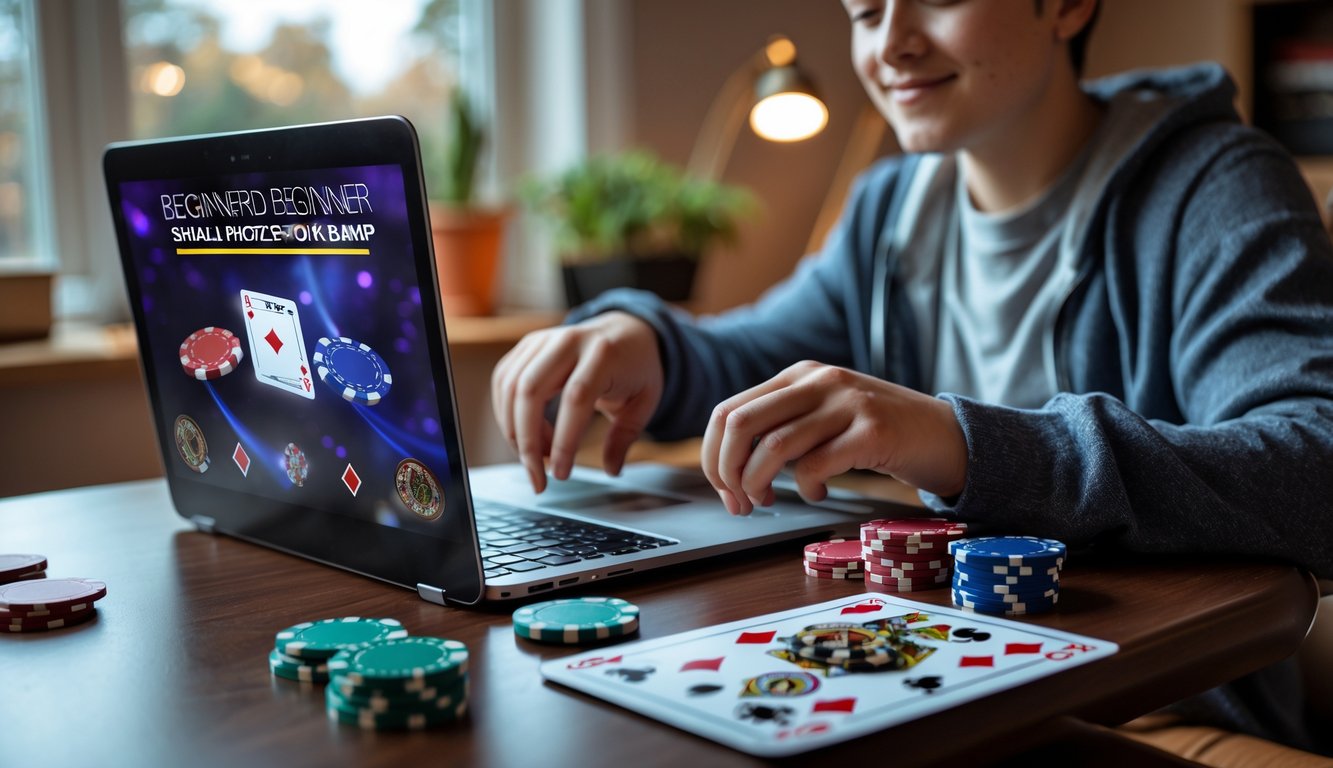Seorang pemula bermain poker online di laptop dengan suasana rumah yang nyaman, terlihat santai dan fokus.