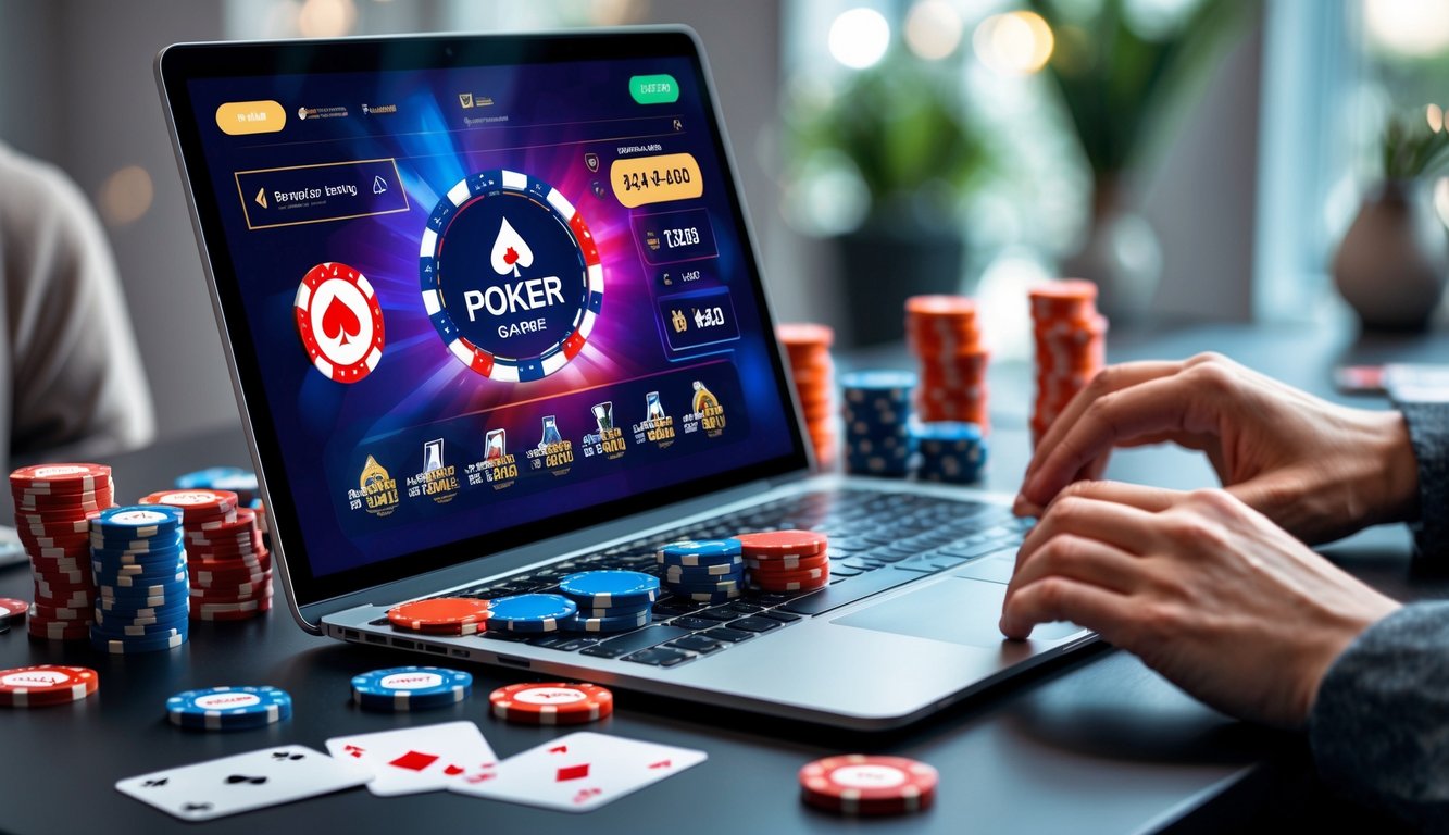 Seseorang sedang bermain poker online di laptop dengan chip poker dan kartu di sekitar.
