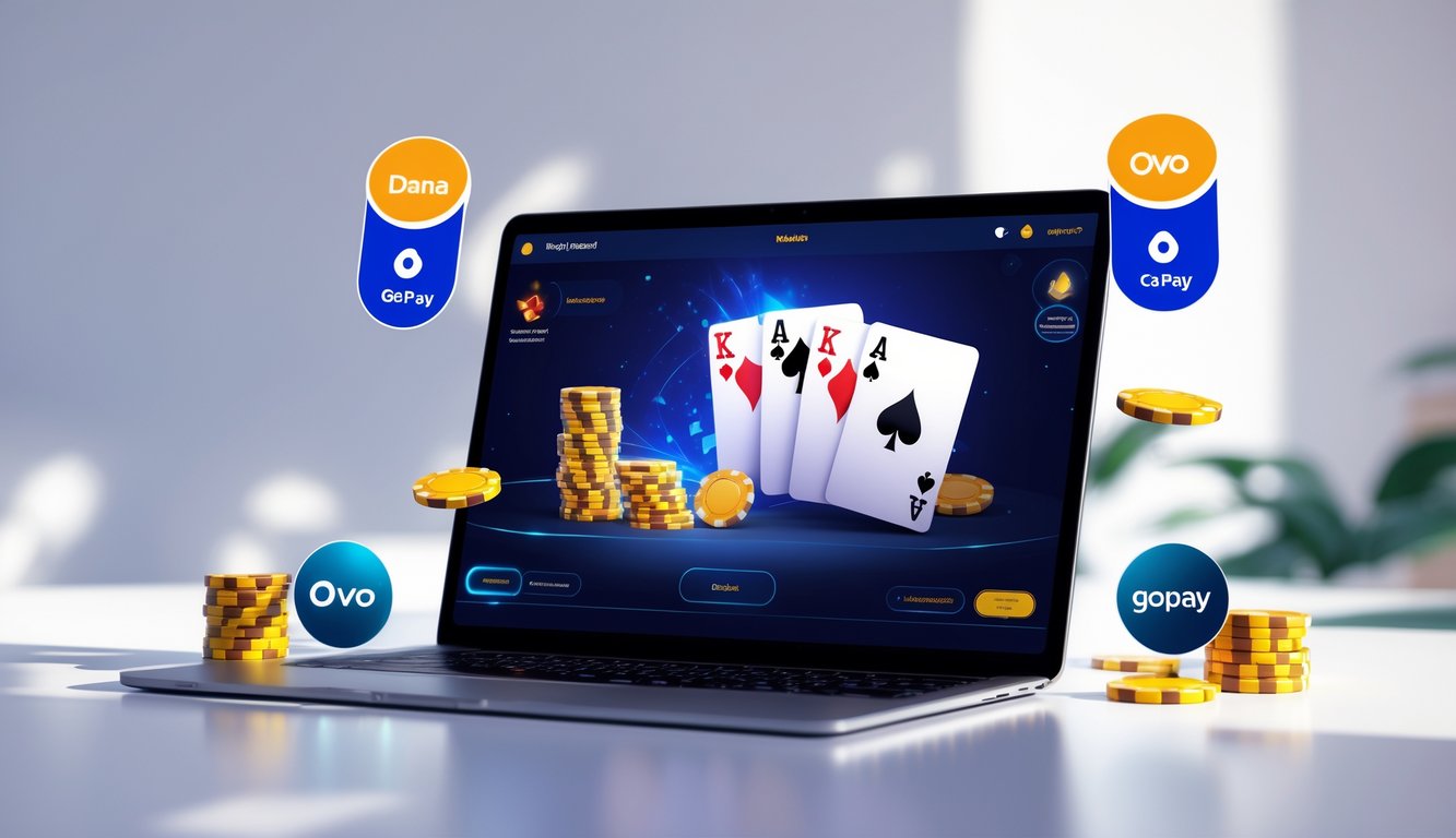 Seseorang menggunakan perangkat digital untuk melakukan deposit poker online dengan ikon Dana, OVO, dan GoPay di sekitarnya.