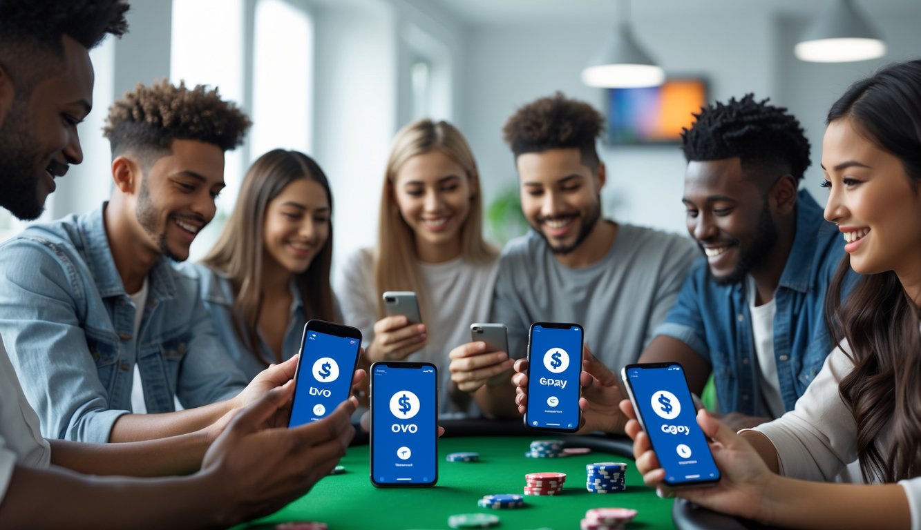 Sekelompok orang muda menggunakan ponsel di ruangan modern dengan suasana yang cerah, menunjukkan aktivitas pembayaran digital dan permainan poker online.