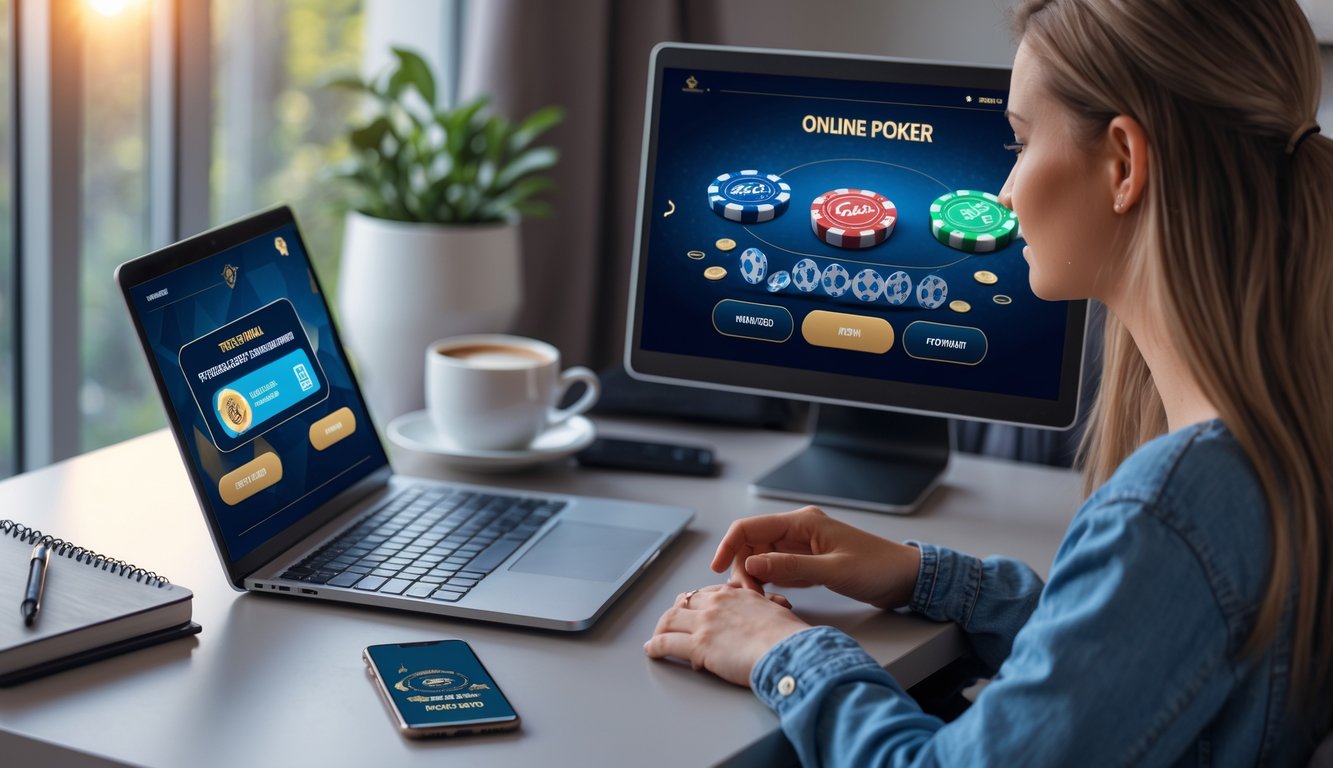 Seorang wanita muda duduk di meja dengan laptop dan ponsel, bermain poker online di ruang kerja yang nyaman.