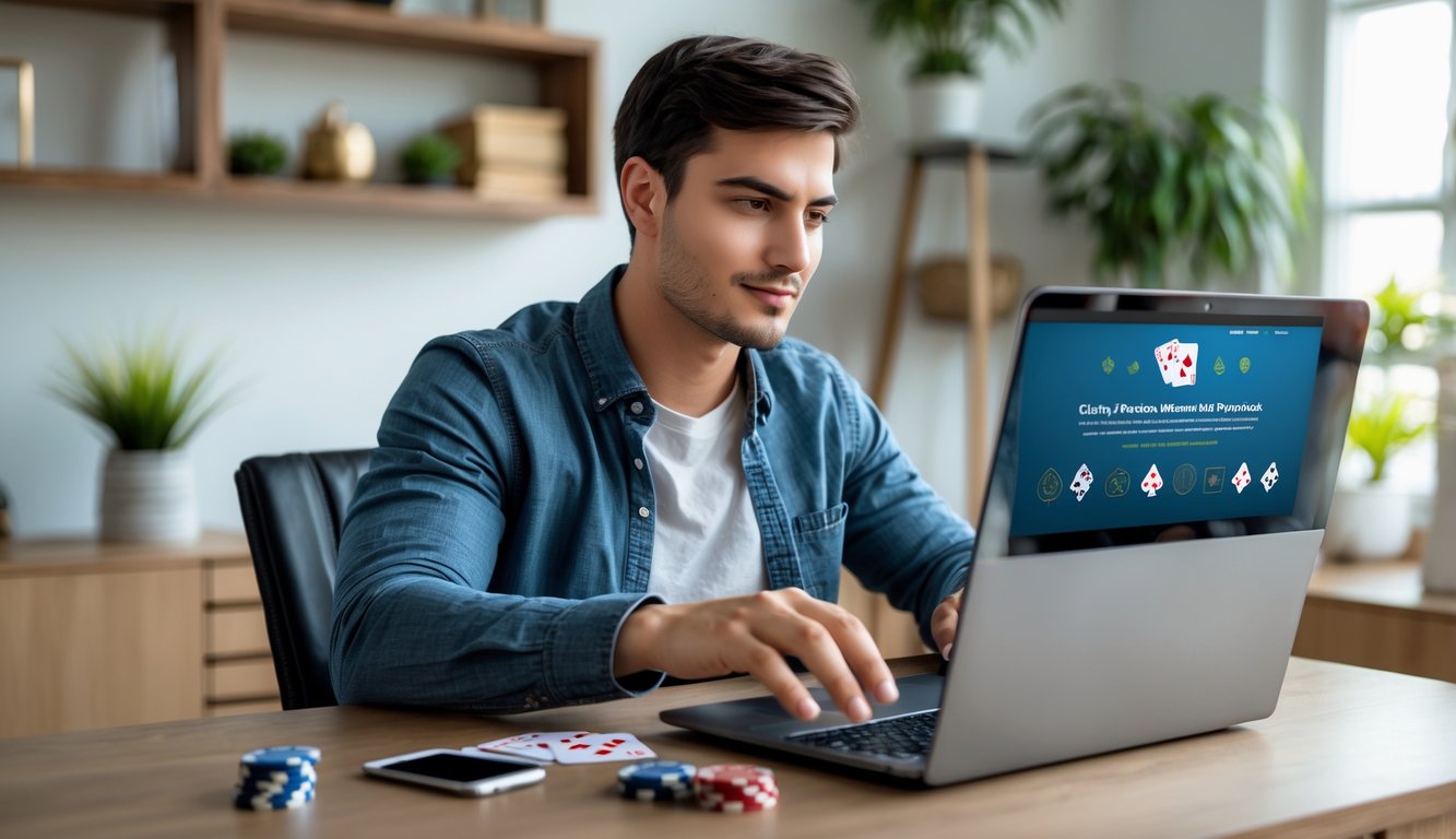 Seorang pria muda duduk di meja dengan laptop dan perlengkapan poker, terlihat fokus memilih situs poker online yang aman.