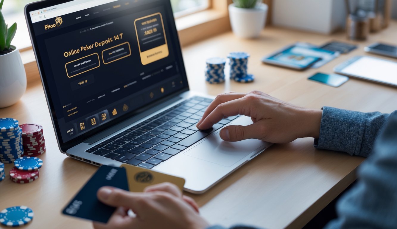 Seseorang menggunakan laptop di meja kerja dengan kartu kredit dan ponsel di dekatnya, suasana nyaman dan terang, menunjukkan transaksi poker online yang cepat dan mudah.