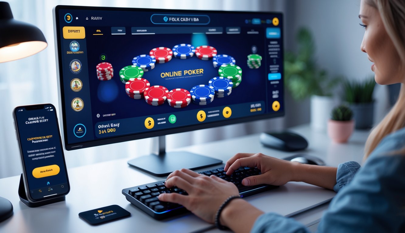 Sebuah meja kerja dengan komputer yang menampilkan permainan poker online, tangan seseorang sedang menggunakan mouse, dan ponsel di meja menunjukkan konfirmasi deposit cepat.