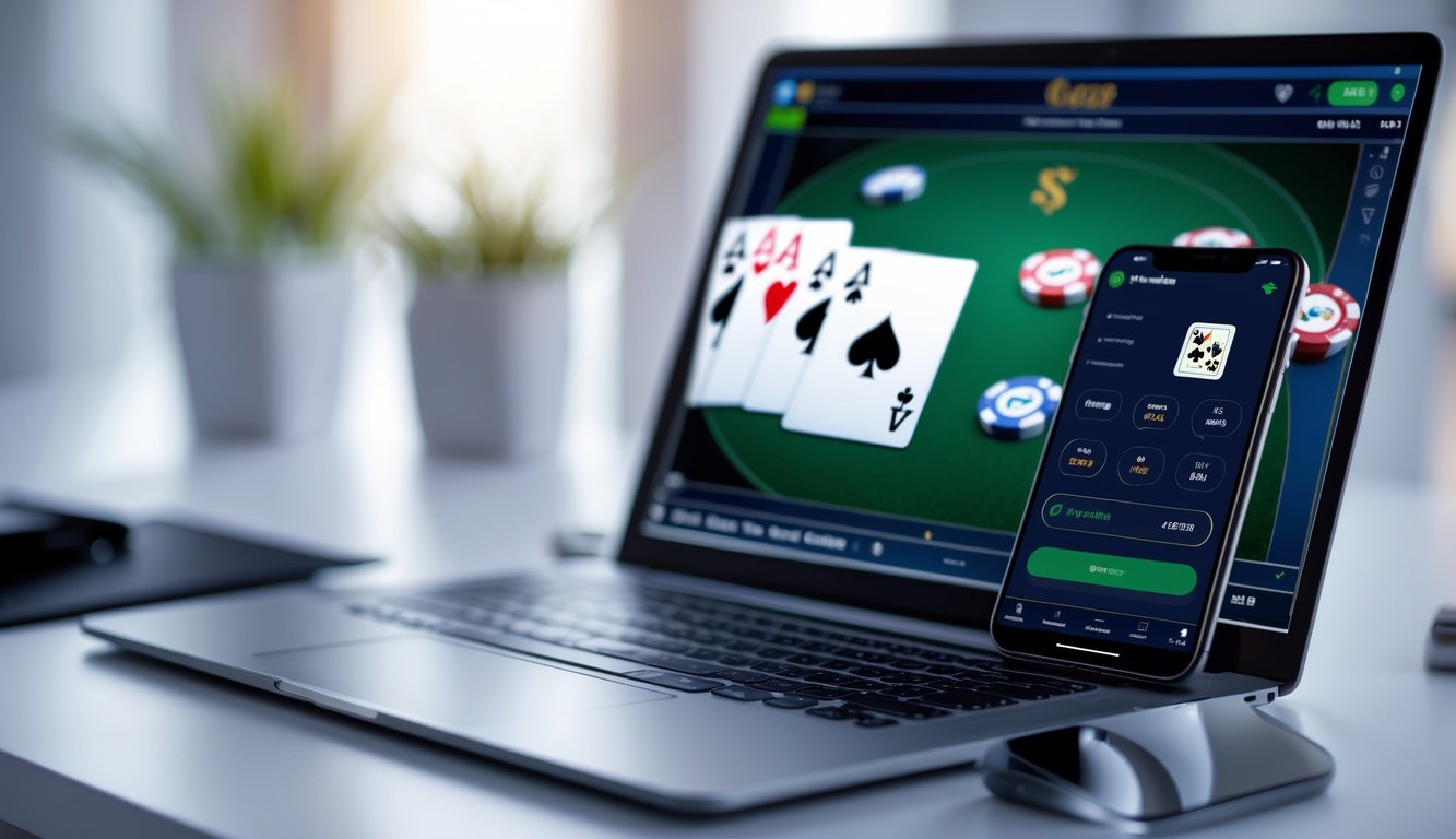 Seorang pria menggunakan laptop dan ponsel untuk bermain poker online dan melakukan deposit dengan mudah.