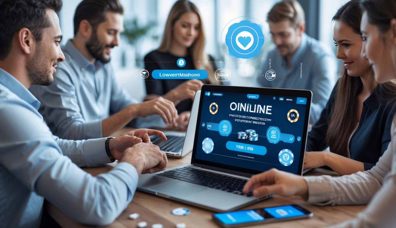 Beberapa orang bermain poker online menggunakan laptop dan ponsel di lingkungan digital yang modern dan aman.