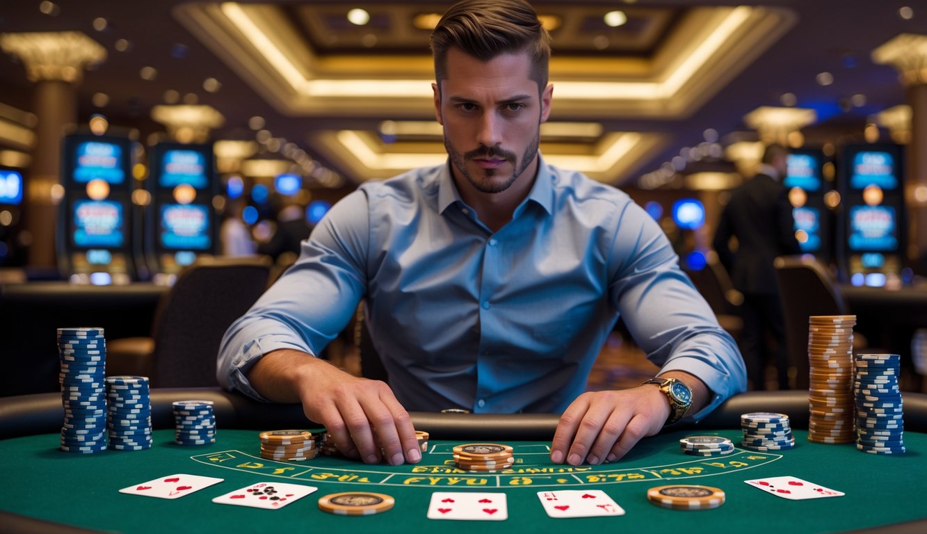 Seorang pemain blackjack profesional sedang memasang taruhan besar di meja kasino dengan tumpukan chip dan kartu terlihat.