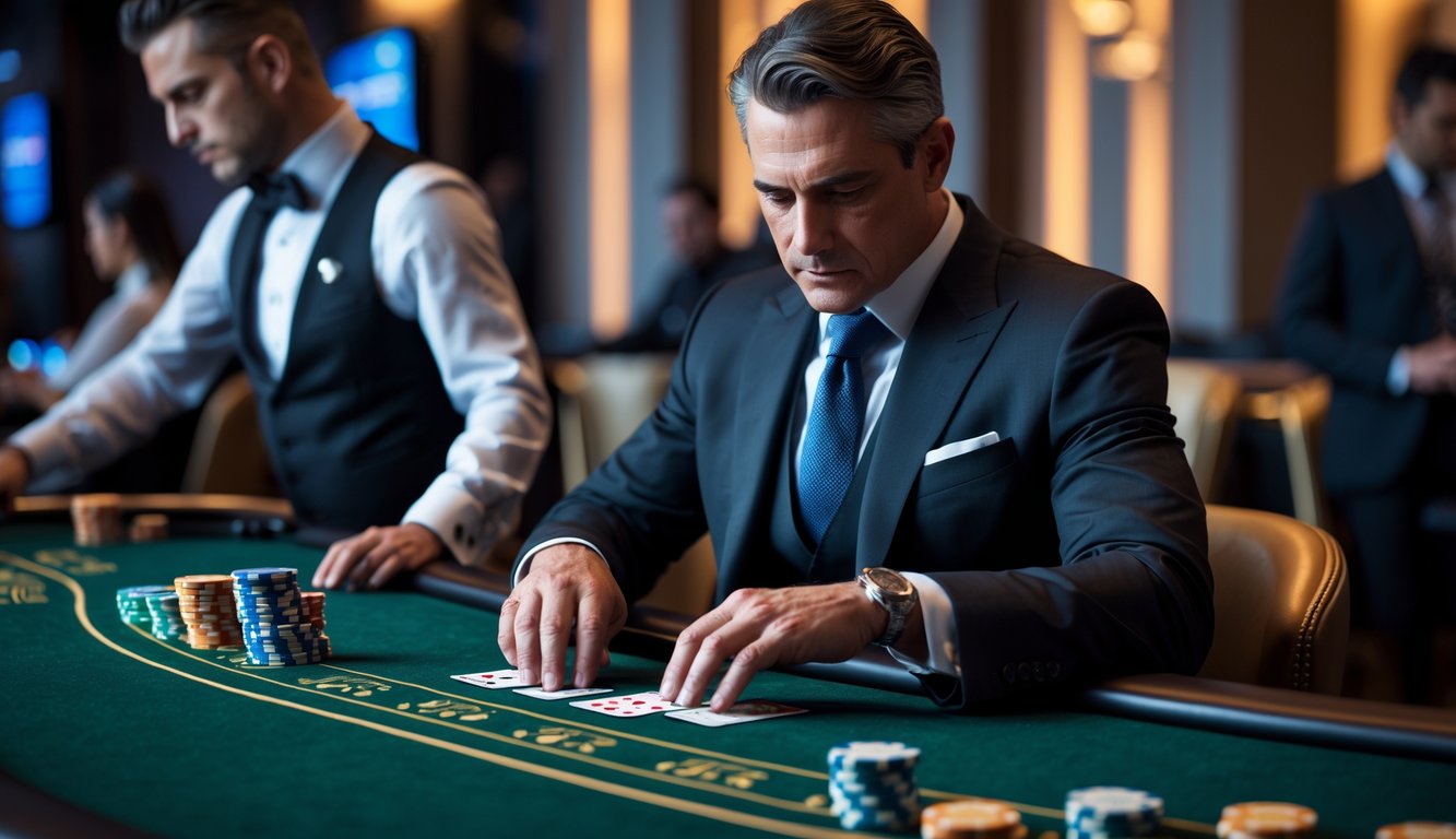 Seorang pemain profesional sedang bermain blackjack di meja kasino dengan taruhan besar, dikelilingi oleh dealer dan suasana kasino yang elegan.