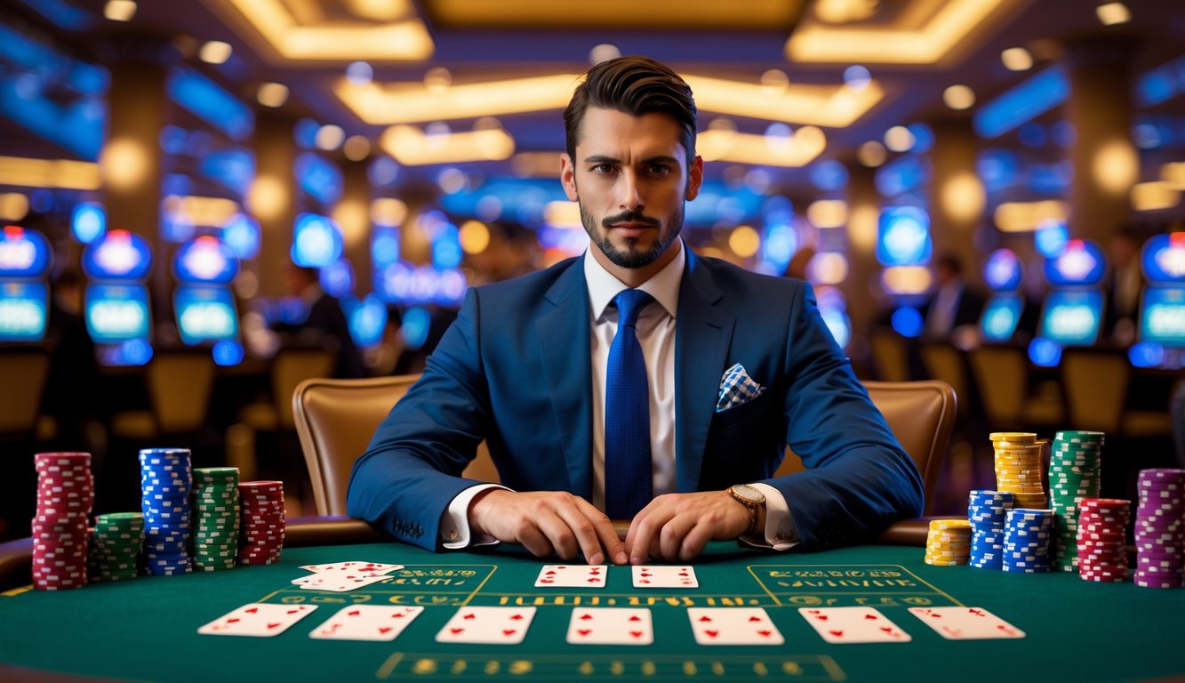 Seorang pria percaya diri duduk di meja blackjack dengan tumpukan chip besar di kasino yang mewah.