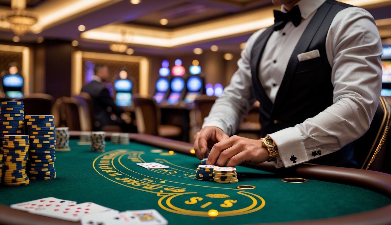 Seorang pemain high roller sedang bermain blackjack di meja kasino dengan tumpukan chip besar dan dealer yang membagikan kartu.