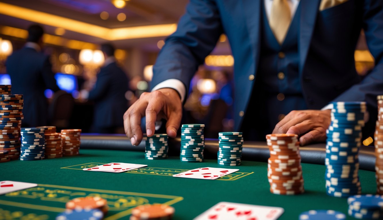 Seorang pemain berjubah rapi sedang menaruh chip taruhan besar di meja blackjack di dalam kasino mewah.