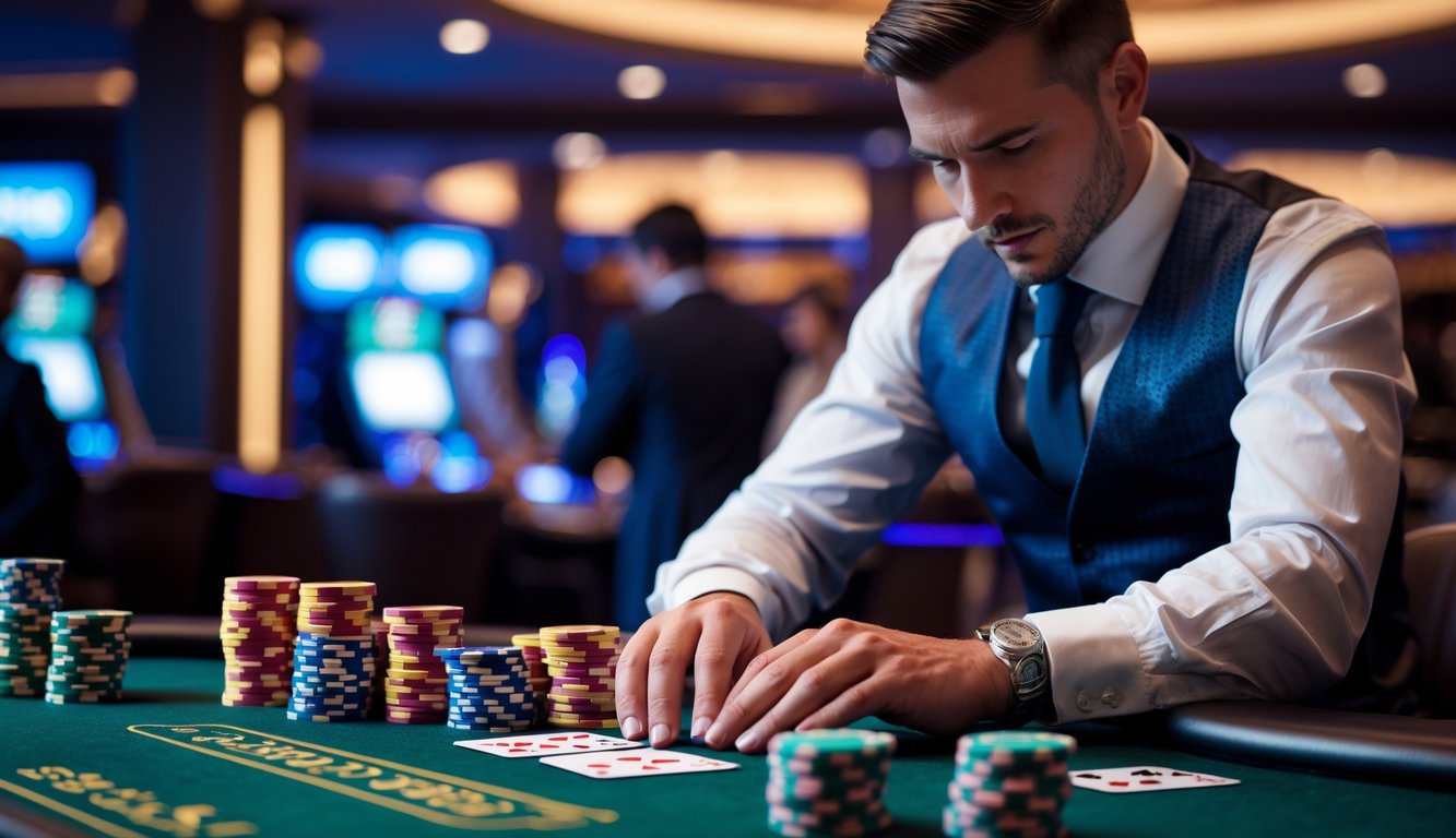 Seorang pemain berjubah rapi sedang fokus bermain blackjack dengan tumpukan chip taruhan besar di meja kasino.