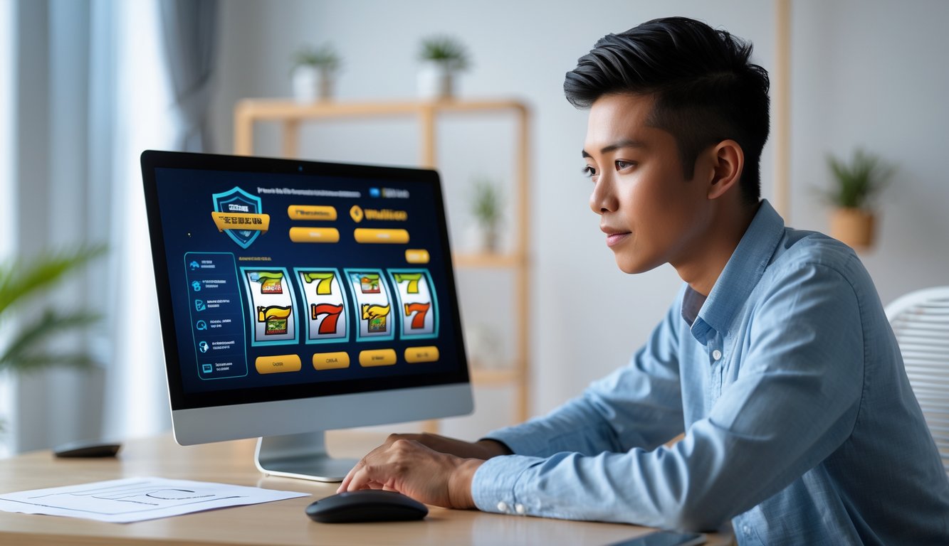 Seseorang muda sedang duduk di meja dengan laptop, fokus memilih permainan slot online dengan suasana ruangan yang terang dan nyaman.