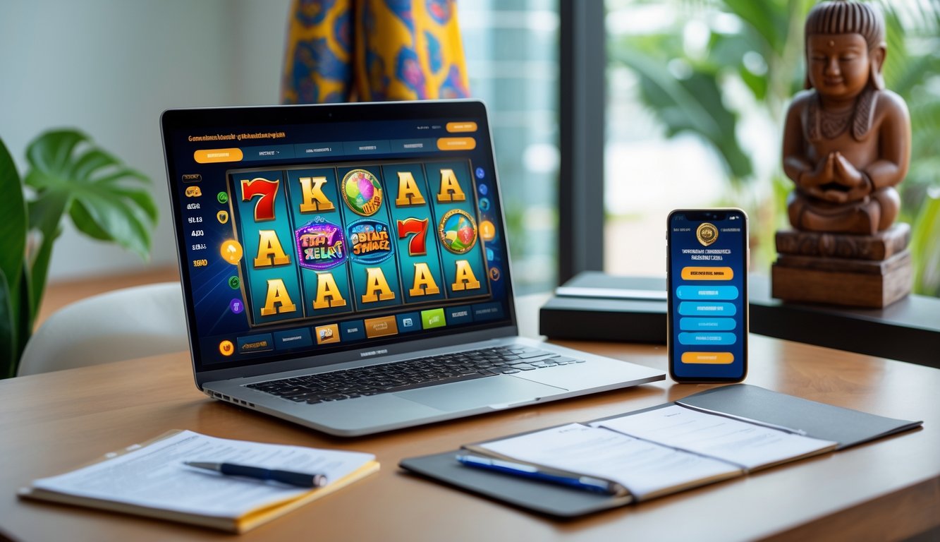 Meja kerja dengan laptop yang menampilkan permainan slot online dan ponsel dengan situs slot terpercaya, diiringi dengan elemen budaya Indonesia di latar belakang.