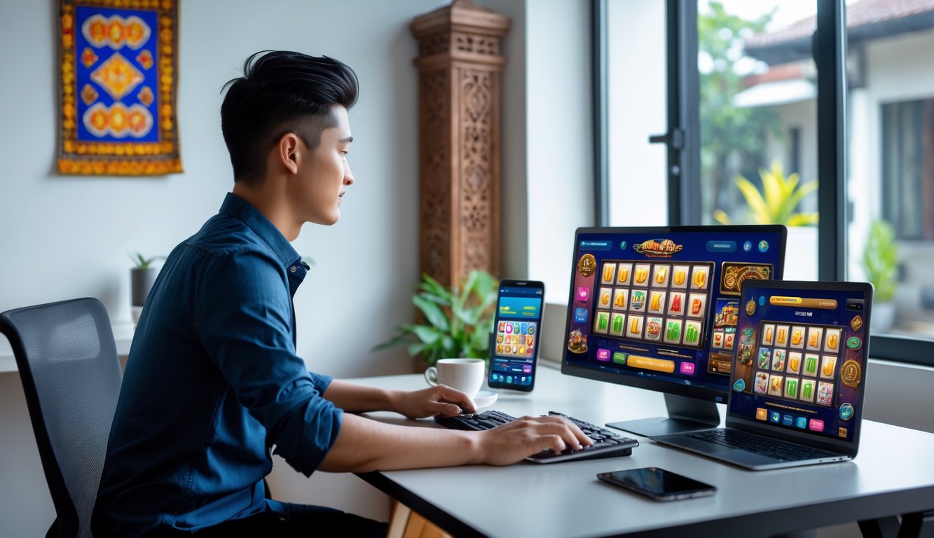 Seorang pria muda duduk di meja kerja dengan laptop dan ponsel yang menampilkan permainan slot online, dikelilingi elemen budaya Indonesia.