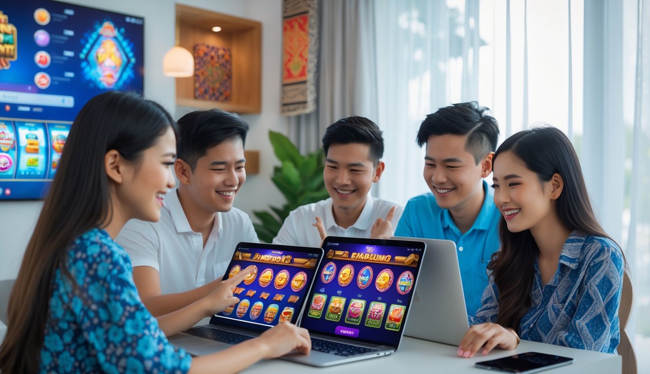 Beberapa orang muda menggunakan perangkat digital di ruangan modern dengan latar belakang dekorasi tradisional Indonesia, terlihat antusias bermain permainan slot online.