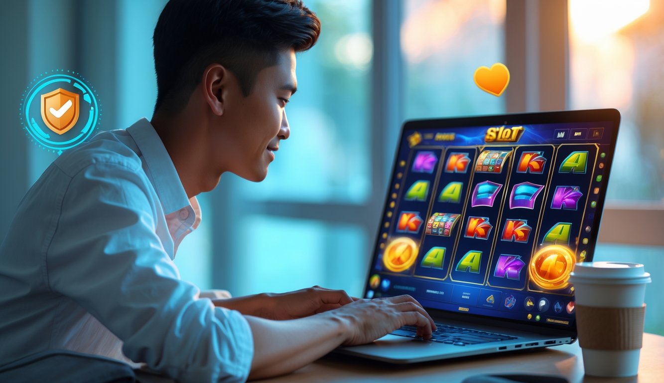 Seorang pria muda Indonesia sedang bermain permainan slot online dengan laptop di meja modern dalam ruangan yang terang.