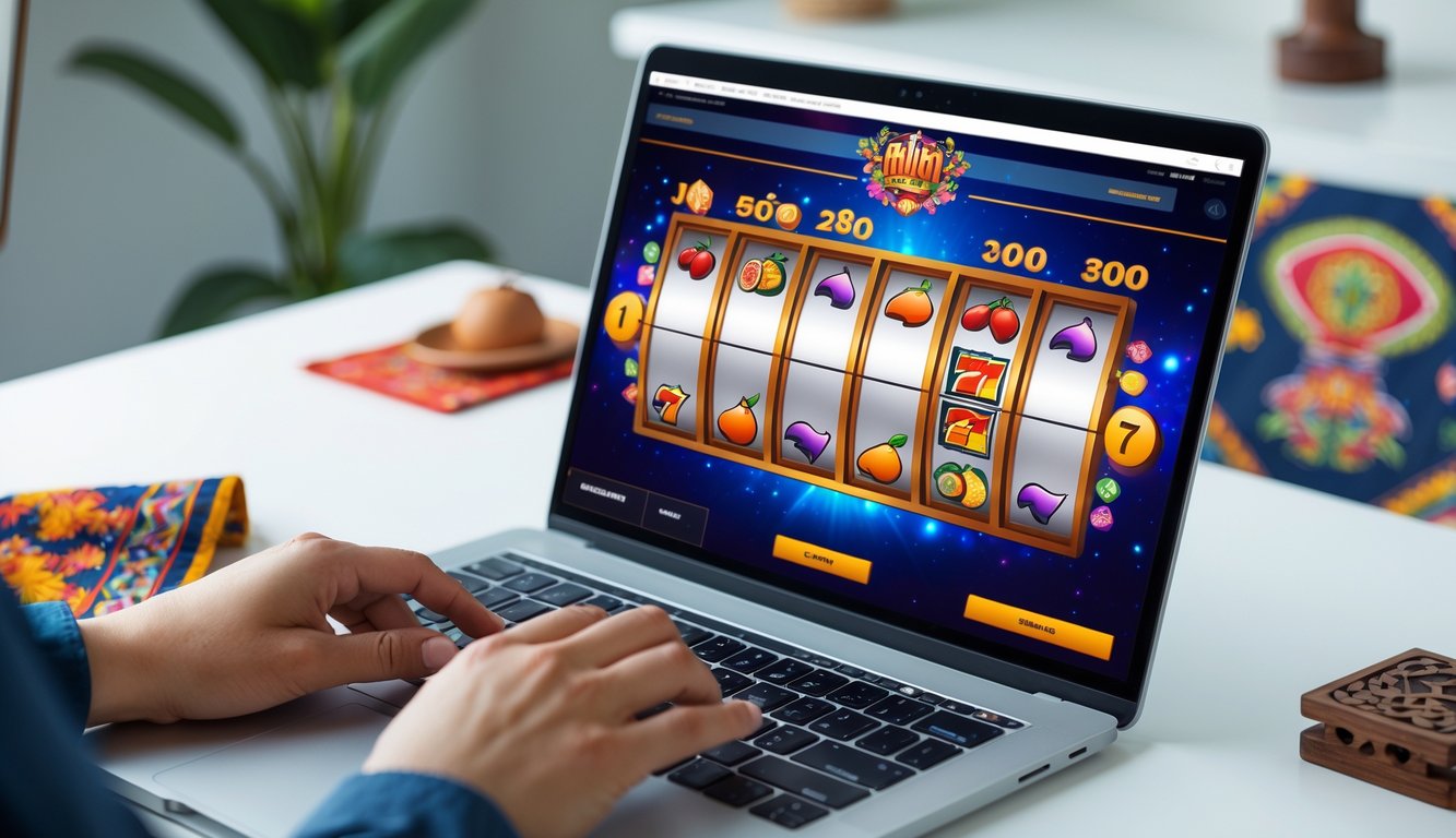 Seseorang menggunakan laptop dengan tampilan permainan slot online di meja kerja dengan dekorasi tradisional Indonesia di latar belakang.