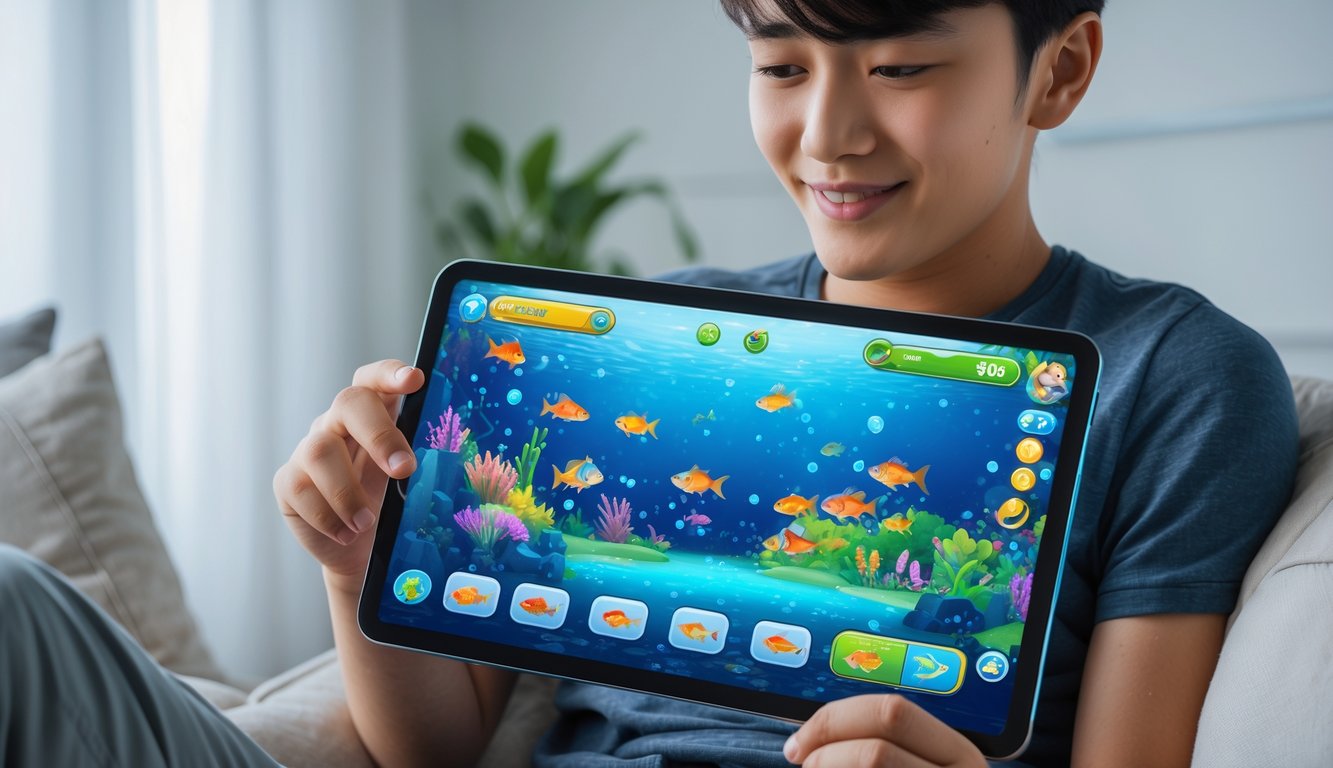 Seorang dewasa muda sedang bermain game tembak ikan online menggunakan tablet di ruangan yang terang dan bersih.