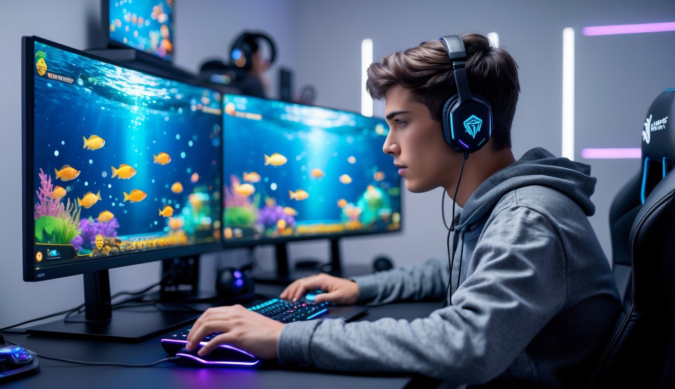 Seorang pria muda bermain game tembak ikan online di komputer dengan layar menampilkan ikan berwarna-warni di bawah laut.