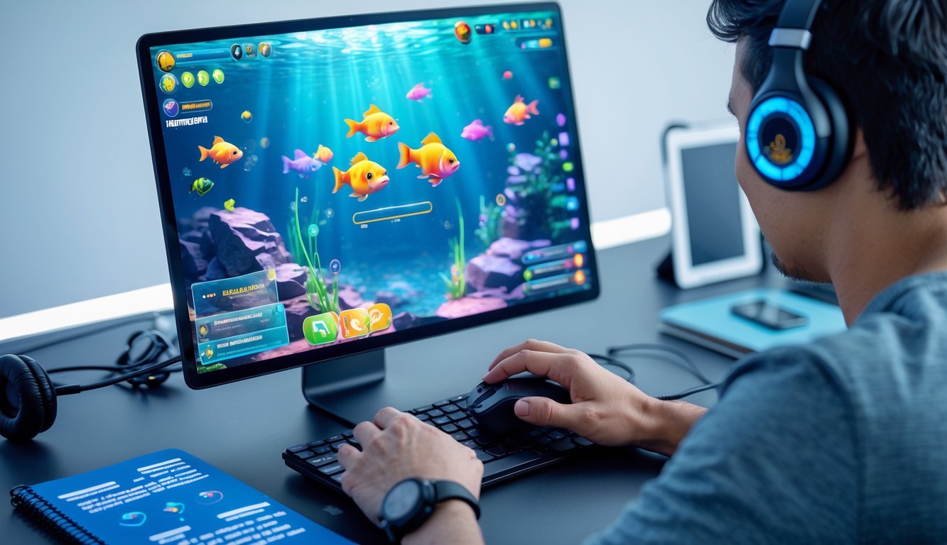 Seorang pemain yang serius sedang bermain permainan tembak ikan online di depan komputer dengan layar menampilkan ikan berwarna-warni dan elemen permainan.