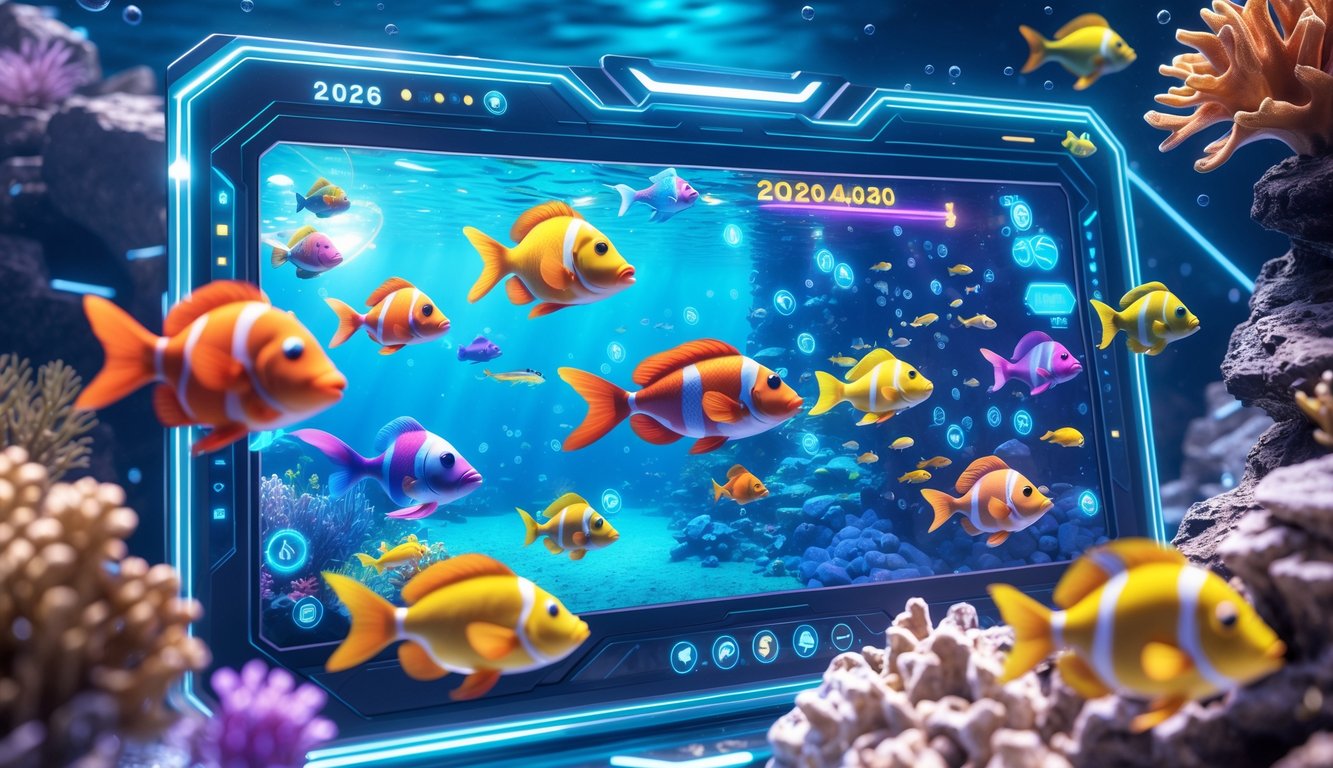 Layar permainan tembak ikan online dengan ikan berwarna-warni berenang di latar bawah laut dan kontrol permainan futuristik.