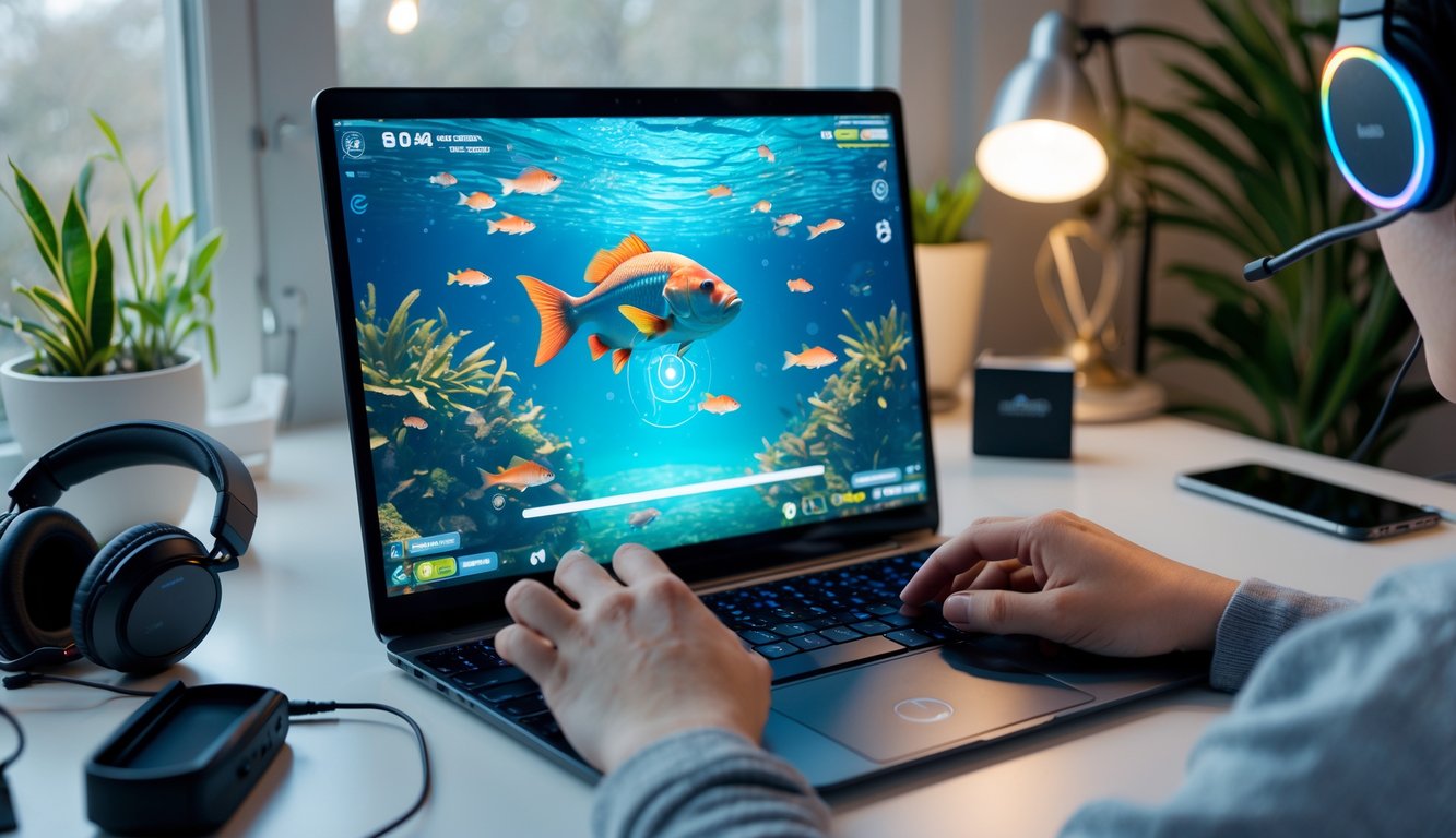 Seseorang sedang bermain game menembak ikan besar secara online menggunakan laptop di meja yang rapi.