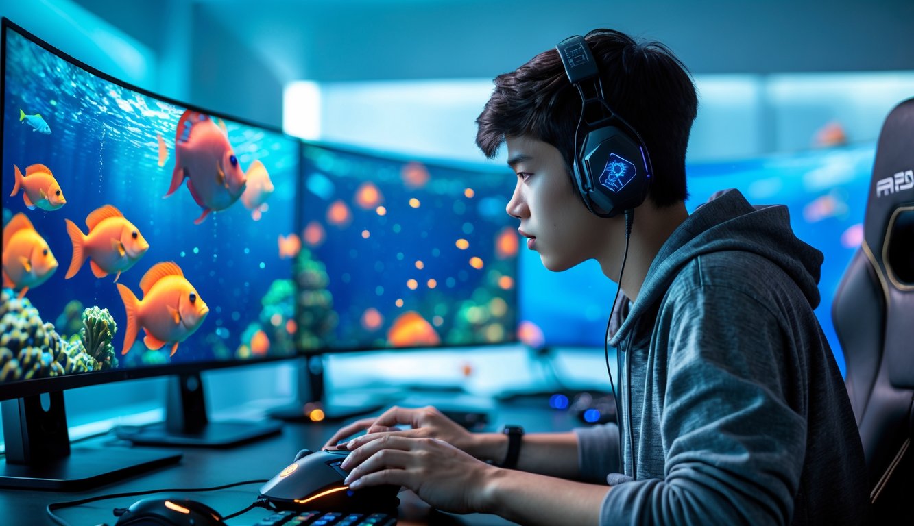 Seorang pemain fokus bermain game menembak ikan besar di depan beberapa layar komputer dengan latar belakang suasana bawah laut.