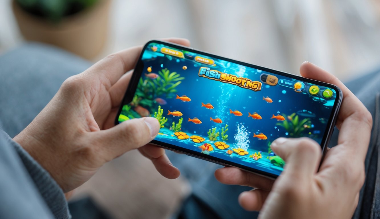 Seseorang memegang smartphone Android dan bermain permainan menembak ikan secara online dengan latar belakang dalam ruangan yang samar.