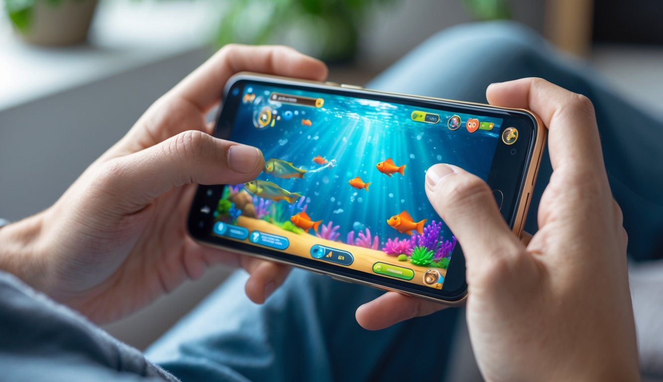 Seseorang sedang bermain permainan tembak ikan online di smartphone dengan latar belakang buram.