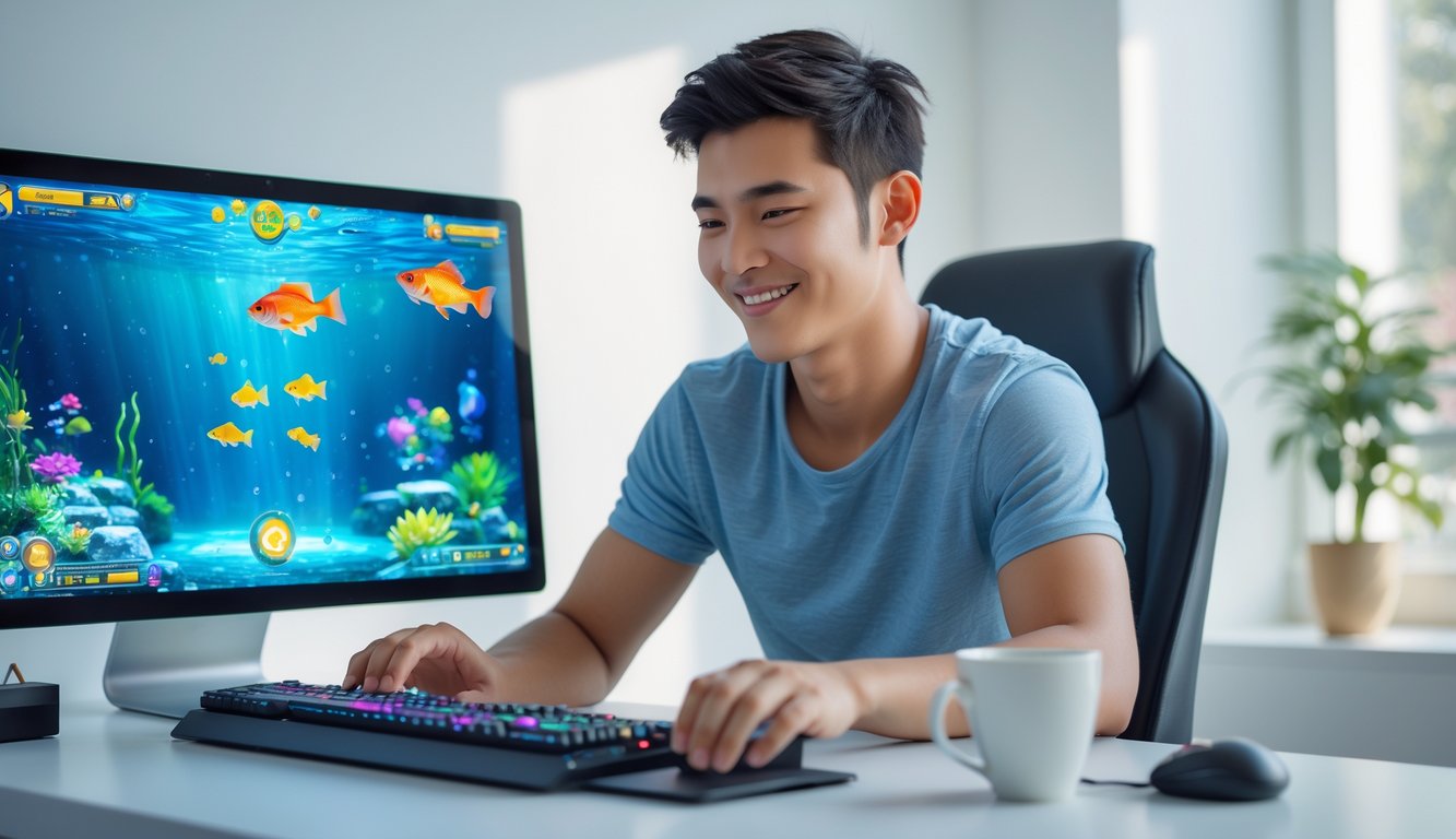 Seorang pria muda duduk di depan komputer bermain permainan tembak ikan online dengan ekspresi fokus dan senyum kecil di ruangan yang terang dan rapi.