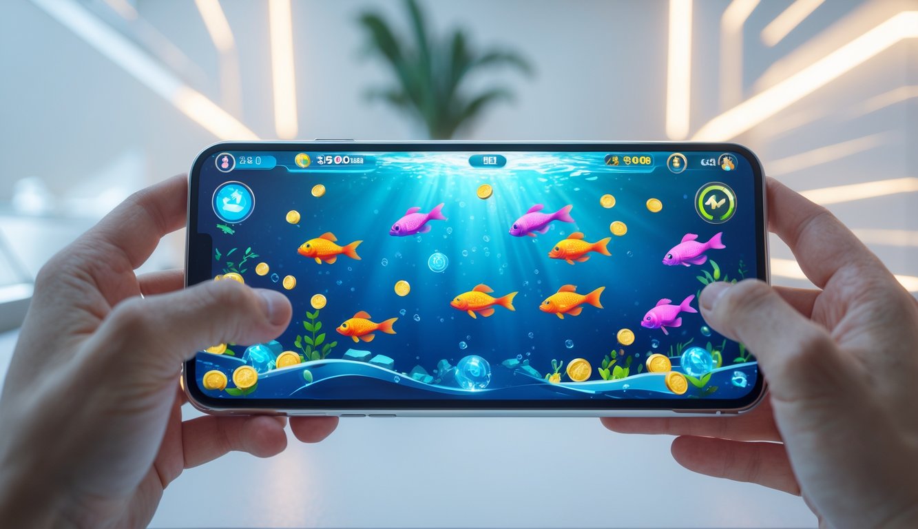 Seseorang memegang ponsel yang menampilkan permainan ikan dengan koin yang mengambang di layar.