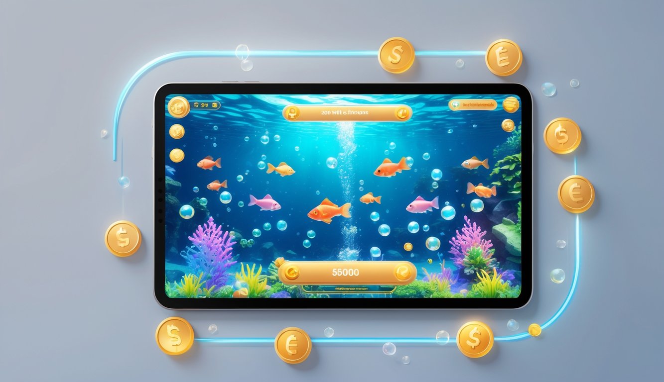 Layar perangkat digital menampilkan permainan tembak ikan online dengan ikan berwarna-warni dan koin digital di sekitarnya.