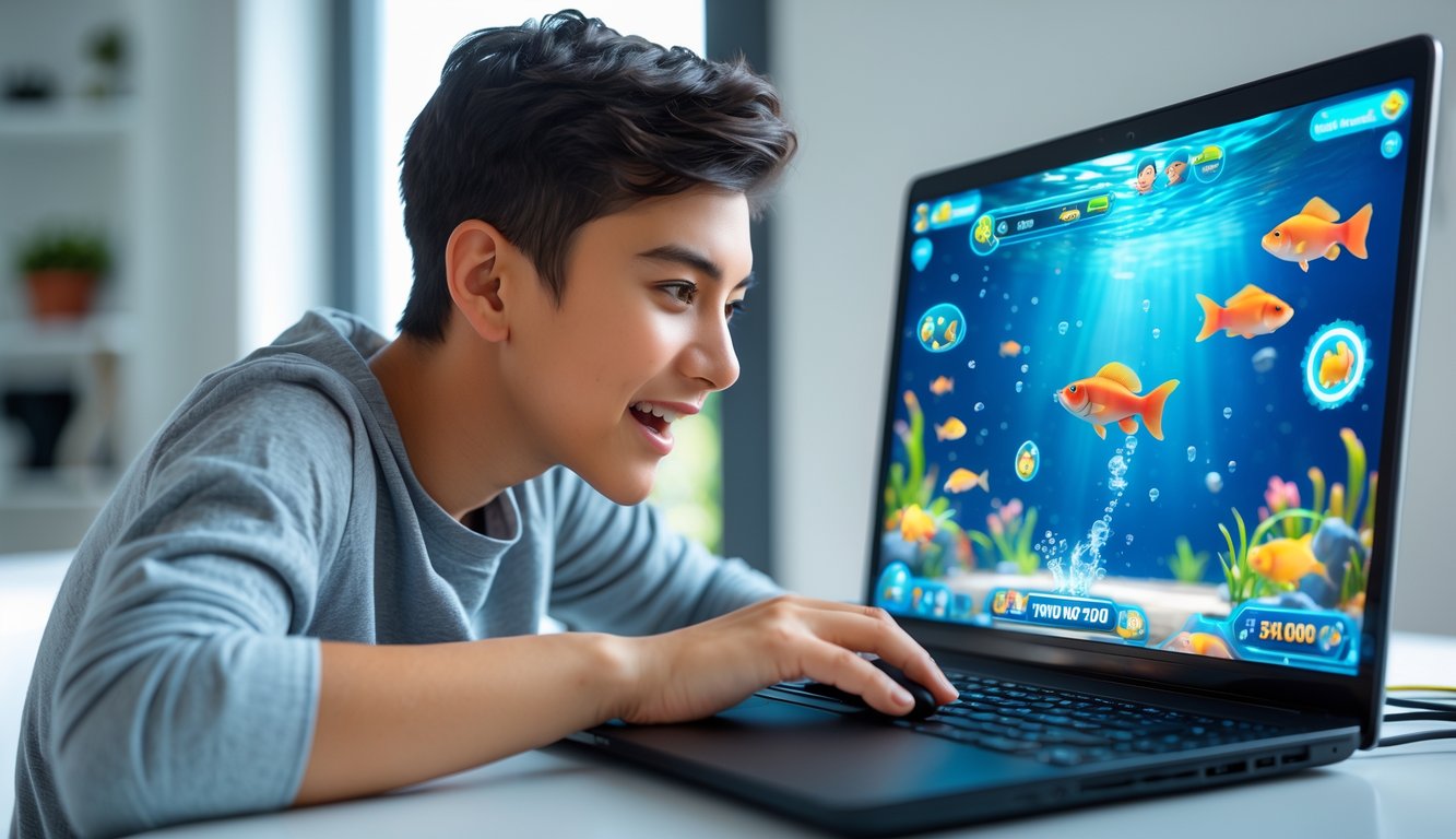 Seorang dewasa muda sedang fokus bermain game tembak ikan online di laptop di sebuah meja bersih dalam ruangan modern.