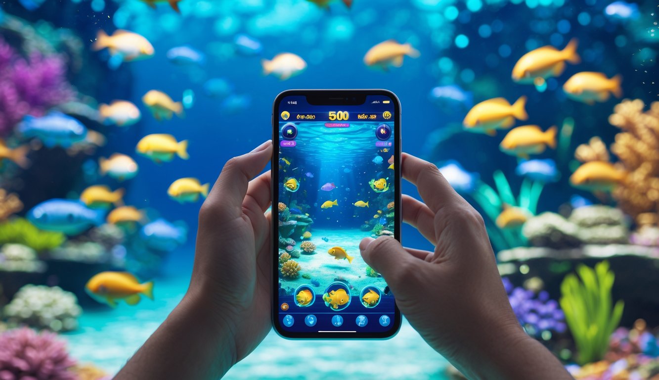 Seseorang memegang ponsel yang menampilkan permainan tembak ikan online dengan latar bawah laut penuh ikan dan terumbu karang.