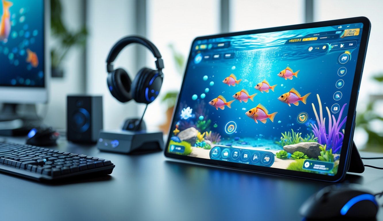 Sebuah meja kerja dengan komputer menampilkan permainan tembak ikan online dengan grafis ikan berwarna-warni di layar.