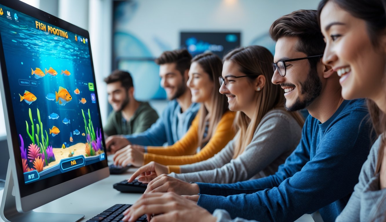 Beberapa orang muda sedang bermain game tembak ikan online dengan perangkat digital di ruangan yang terang.