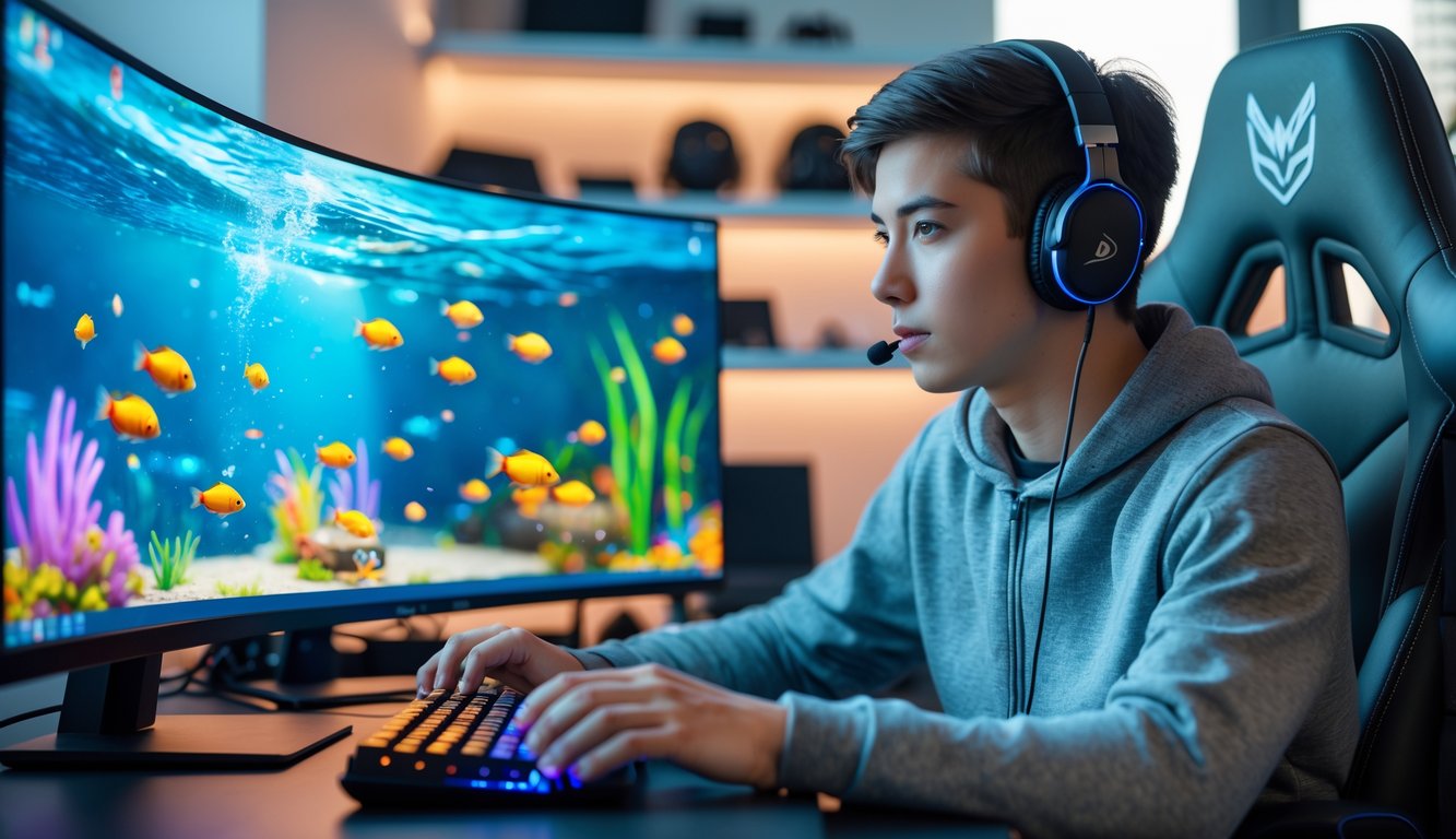 Seorang pria muda sedang bermain permainan tembak ikan online di depan monitor besar dengan suasana ruangan yang terang dan peralatan gaming lengkap.